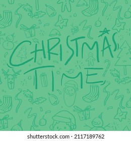 Christmas illustration with Santa Claus, star, Christmas tree, bell, Candy cane from cookie, red sock, gift, bell, snowman, reindeer, berry, ribbon and other. Merry Xmas and Happy Holidays object.