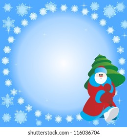 Christmas illustration. Santa Claus with a Christmas tree on the background of snowflakes.