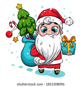 Ilustración navideña. Papá Noel con el árbol y los regalos de Navidad. Santa Claus trae regalos a los niños. Ilustración de vacaciones para calendario, tarjeta de saludo, agitadores