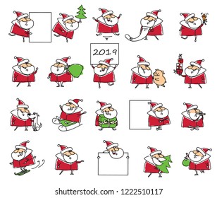 Christmas illustration with Santa Clauses and symbol of the year cute pig, gifts, presents and banners