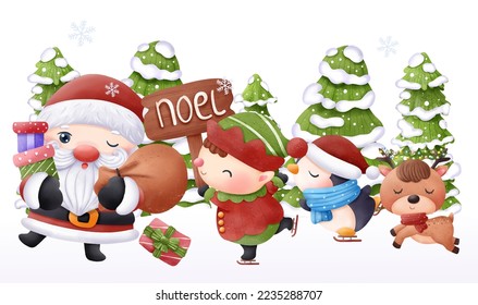 Christmas Illustration Santa and friends