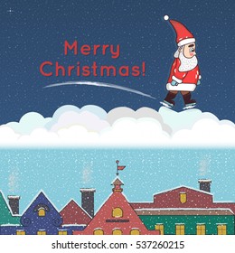 Christmas illustration with Santa going on clouds above the dreaming town. And it snows.