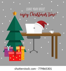 Christmas illustration. Santa hat on laptop in office. Vector flat style illustration for greeting card, banner or social media.