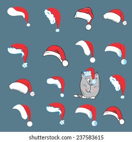 Christmas illustration with santa hats and cat | New Year card with funny cat in red hat