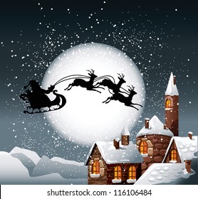 Christmas Illustration of Santa and his reindeer on full moon background with snowy town.