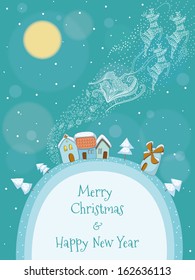 Christmas Illustration Of Santa And His Reindeer Flying Above A Snowy Village. EPS 10. Transparency. Gradients. Feather.