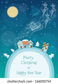 Christmas Illustration Of Santa And His Reindeer Flying Above A Snowy Village. EPS 10. Transparency. Gradients.