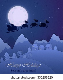 Christmas Illustration of Santa and his reindeer on full moon background with snowy landscape with little houses and trees. 
