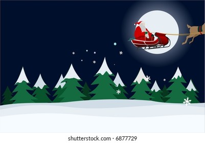 A Christmas illustration of santa in his sleigh over a peaceful snowy tree filled night scene