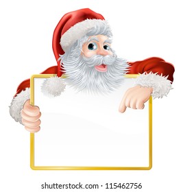 Christmas illustration of Santa holding and pointing at a sign