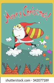 Christmas illustration of Santa jumping on clouds, dropping gifts on houses.