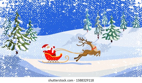 Christmas illustration. Santa on a sleigh with a bag of gifts. Running cartoon deer. Snowfall over forest glade. Snow over Christmas trees.Vintage postcard. Retro background for christmas greetings.
