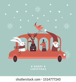 Christmas illustration. Santa, rabbit, deer and squirrel go by bus