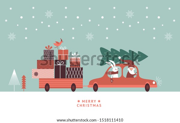 Christmas\
illustration. Santa and rabbit in knitted scarf are going by car\
and carry gifts and christmas\
tree