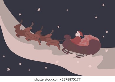 Christmas illustration of Santa riding a sleigh and Rudolph pulling a sleigh