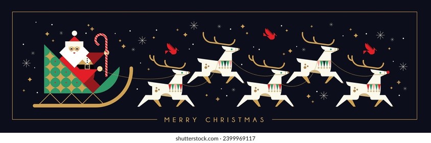 Christmas illustration with Santa, sleigh and reindeer in geometric minimalist style