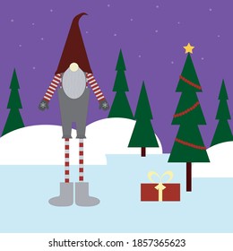 Christmas illustration. Scandinavian gnome, decorated christmas tree and gift. Winter landscape. Vector Christmas and New Year design for cards .