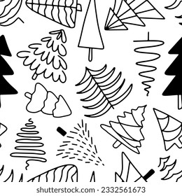 Weihnachtsgrafik - nahtloser Musterhintergrund. Schwarze Tannenbaum-Piniendudellinie auf Weiß. Vintage-Schmuck-Shopping-Schablone für Neujahr Stoffumschlag