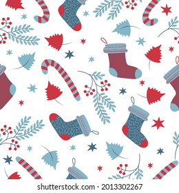 Christmas illustration, Christmas seamless pattern with twigs of berries, socks, stars, leaves.For wrapping paper,textiles, wallpaper, wrappers, postcards, banners.