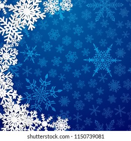 Christmas illustration with semicircle of big white snowflakes with shadows on blue background