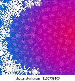 Christmas illustration with semicircle of big white snowflakes with shadows on blue and purple  background