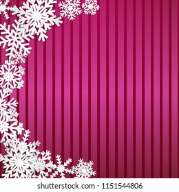 Christmas illustration with semicircle of big white snowflakes with shadows on striped crimson background