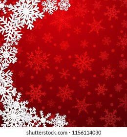 Christmas illustration with semicircle of big white snowflakes with shadows on red background