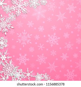 Christmas illustration with semicircle of big white snowflakes with shadows on pink background