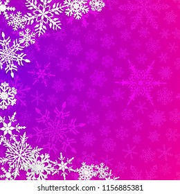 Christmas illustration with semicircle of big white snowflakes with shadows on purple background