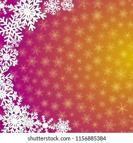 Christmas illustration with semicircle of big white snowflakes with shadows on purple and yellow background