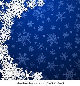 Christmas illustration with semicircle of big white snowflakes with shadows on blue background