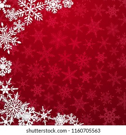 Christmas illustration with semicircle of big white snowflakes with shadows on red background