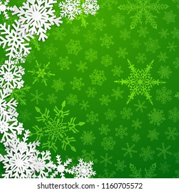 Christmas illustration with semicircle of big white snowflakes with shadows on green background