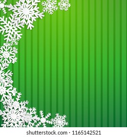 Christmas illustration with semicircle of big white snowflakes with shadows on striped green background