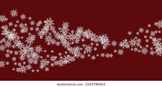 Christmas illustration with semicircle of big white snowflakes with shadows on red background Falling snow. 