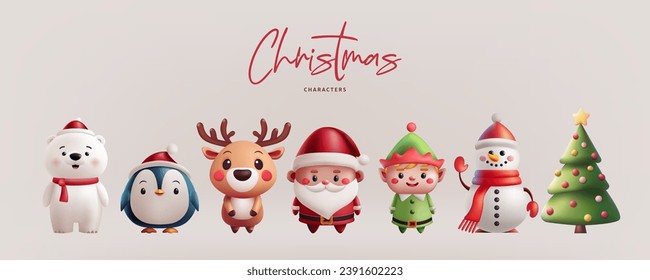 Christmas illustration set cute 3D characters. Santa, a reindeer, an elf, a penguin, a polar bear, and a snowman, Christmas tree. Perfect for holiday greetings and decorations. Not AI generated.