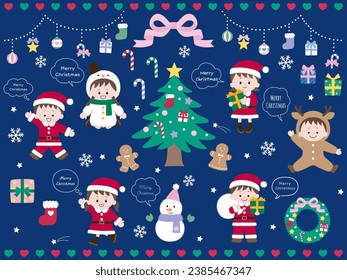 Christmas illustration set of cute decorations and children. Vector, boy, girl, snowman, reindeer