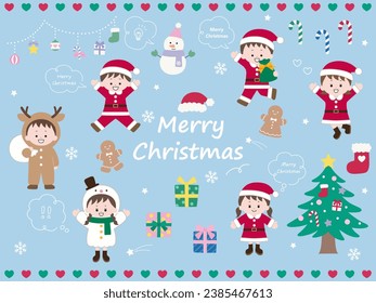 Christmas illustration set of cute decorations and children. Vector, boy, girl, snowman, reindeer
