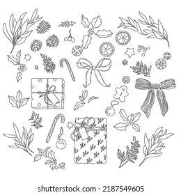 Christmas illustration set, doodle style of presents, candycane, ribbons, pinecones and leaves. Christmas objects are all handrawn