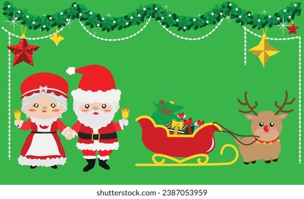 Christmas illustration set with Mr. and Mrs. Claus with Christmas sleigh and reindeer