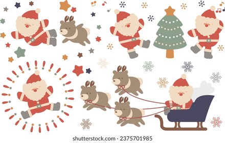 Christmas illustration set of Santa and reindeer 1　retro color