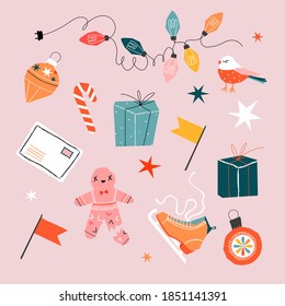 Christmas illustration set. Trendy hand-drawn vector elements. Gifts, Christmas tree, stars, ginger bread cookie and envelopes. Isolated clip art illustrations. Vintage design for web and print.