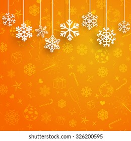 Christmas illustration with several hanging snowflakes on orange background of Xmas symbols