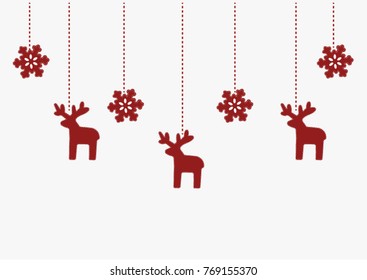 Christmas illustration with several hanging snowflakes and Reindeers on white background.