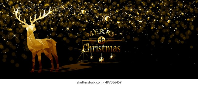 Christmas illustration with silhouette gold deer low poly and flickering lights. Vector