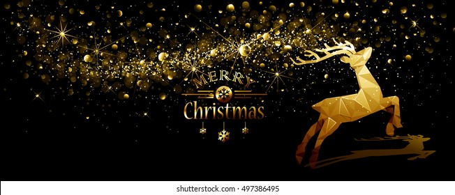 Christmas illustration with silhouette gold deer low poly and flickering lights. Vector