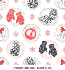 Christmas illustration in sketch style. Holiday seamless pattern with snowflake, gloves, bells and pine cones. New year decoration on white background.