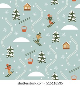 Christmas illustration, Ski Resort, Seamless pattern