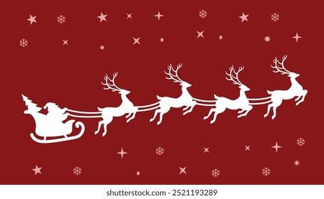 Christmas illustration Santa’s sleigh pulled by reindeer on a red background with snowflakes and stars