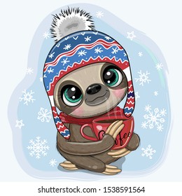 Christmas illustration of a sloth in a hat with a Cup of coffee